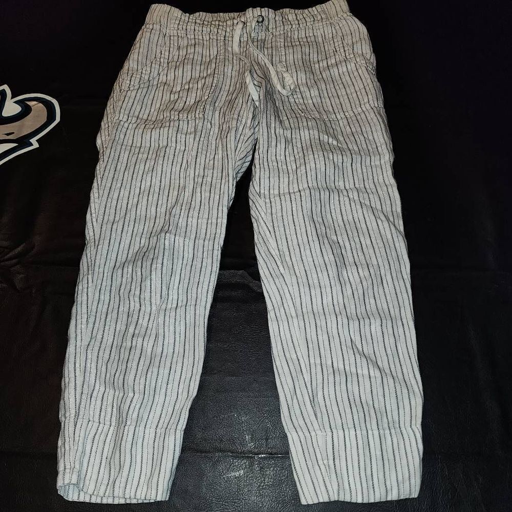 Athleta‎ Womens Gray White Linen Herringbone Stripe Ankle Pants 6